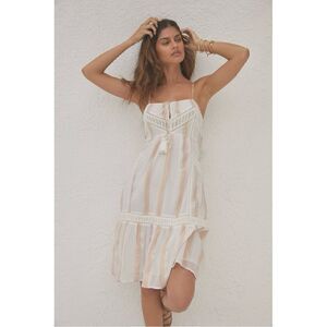 NEW Anthropologie Mahila Shimmer Stripe Tiered Ruffle Shoulder-Tie Dress Medium